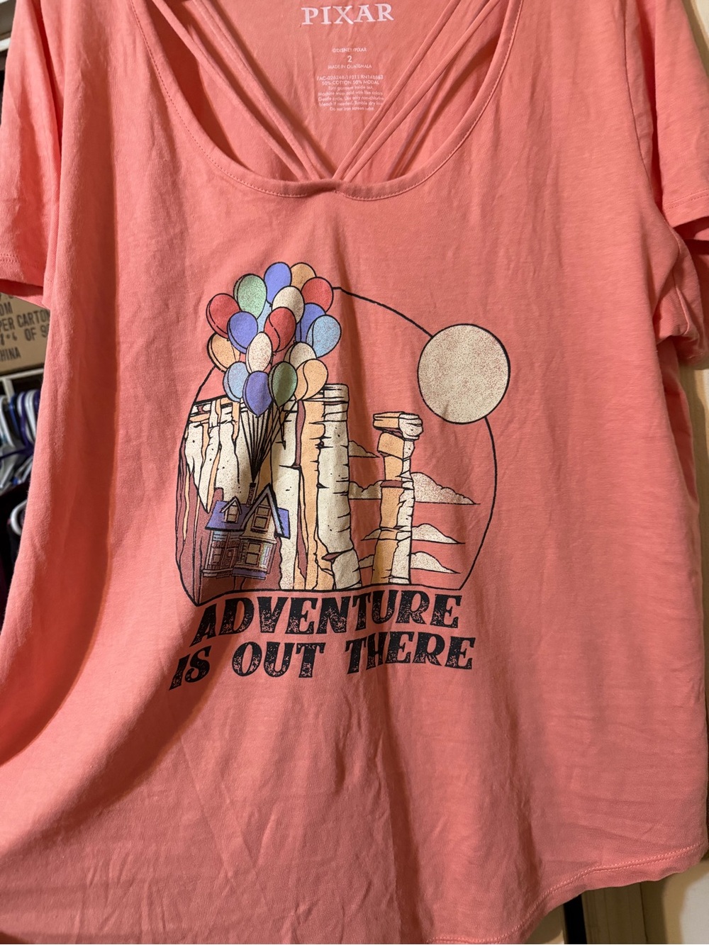 Pixar Women’s Coral Short Sleeve Tee - 'Adventure Is Out There' Graphic